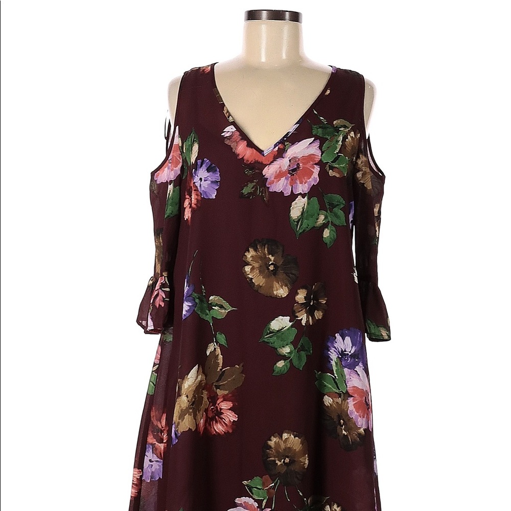 Maroon Floral Cold Shoulder A-Line Dress.